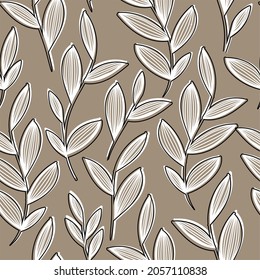 A stylish pattern of plants and flowers on a beige background. For wedding invitations, postcards, posters, labels of cosmetics and perfumes. Vector illustration