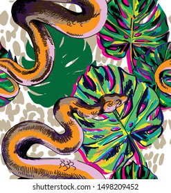 
Stylish pattern with snakes. Tropics, jungle. Exotic background with a boa constrictor.