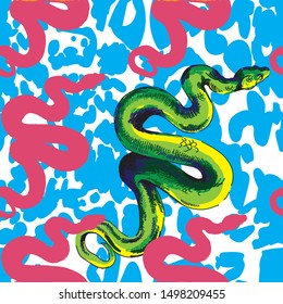 
Stylish pattern with snakes. Tropics, jungle. Exotic background with a boa constrictor.