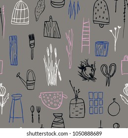 Stylish Pattern in the style of Wabi-sabi  with interior design elements. Artistic hand drawn seamless background. Ready design ideas for for poster, trendy card, invitation, placard, brochure, flyer.