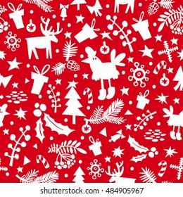 Stylish pattern with the symbol of the new year rooster. Christmas seamless wallpaper. Can be used for printing on fabric, for wrapping paper and for the background of the site.