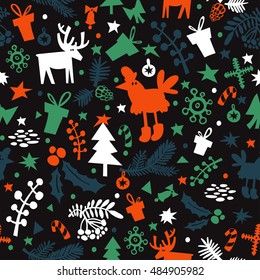Stylish pattern with the symbol of the new year rooster. Christmas seamless wallpaper. Can be used for printing on fabric, for wrapping paper and for the background of the site.