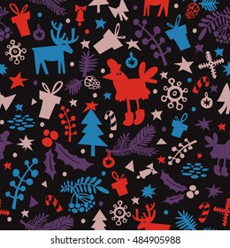 Stylish pattern with the symbol of the new year rooster. Christmas seamless wallpaper. Can be used for printing on fabric, for wrapping paper and for the background of the site.