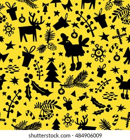 Stylish pattern with the symbol of the new year rooster. Christmas seamless wallpaper. Can be used for printing on fabric, for wrapping paper and for the background of the site.