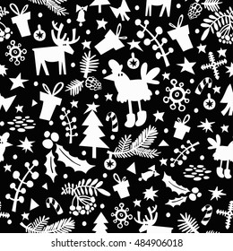 Stylish pattern with the symbol of the new year rooster. Christmas seamless wallpaper. Can be used for printing on fabric, for wrapping paper and for the background of the site.