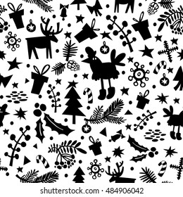 Stylish pattern with the symbol of the new year rooster. Christmas seamless wallpaper. Can be used for printing on fabric, for wrapping paper and for the background of the site.