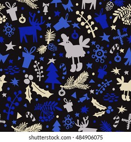 Stylish pattern with the symbol of the new year rooster. Christmas seamless wallpaper. Can be used for printing on fabric, for wrapping paper and for the background of the site.