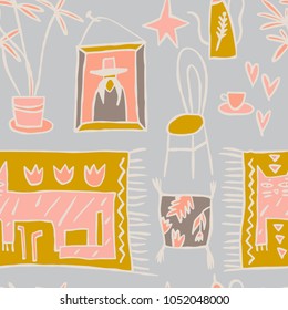 Stylish Pattern in the tribal style   with interior design elements. Artistic hand drawn seamless background. Ready design ideas for for poster, trendy card, invitation, placard, brochure, flyer.