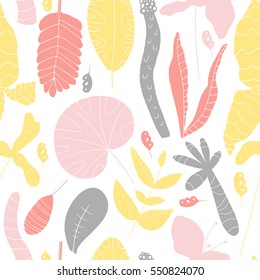 Stylish pattern with tropical leaves. Hand drawn overlapping background for your design. Textile, blog decoration, banner, poster, wrapping paper.