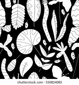 Stylish pattern with tropical leaves. Hand drawn overlapping background for your design. Textile, blog decoration, banner, poster, wrapping paper.