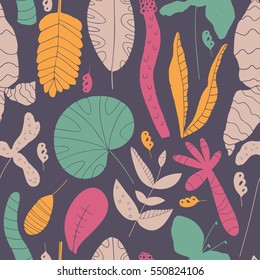 Stylish pattern with tropical leaves. Hand drawn overlapping background for your design. Textile, blog decoration, banner, poster, wrapping paper.