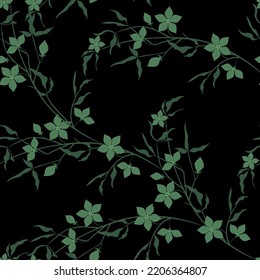  Stylish pattern. Vector floral seamless texture. Black background with beautiful flowers pinstripe, leaves. Subtle ornament. Elegant repeat design for decor, fabric, print, wallpapers