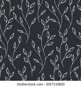 A stylish pattern of white leaves on a black background. For wedding invitations, postcards, posters, labels of cosmetics and perfumes, packaging paper.
