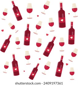 Stylish pattern of wine glasses and bottles with hearts, perfect for romantic cards, invitations, or Valentine's wallpaper.