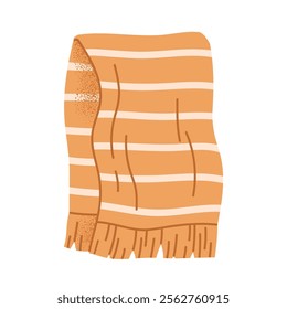 Stylish patterned blanket. Wool blanket plaid. Folded striped blanket with tassels for home interior and picnic. Vector illustration in cartoon style. Isolated white background