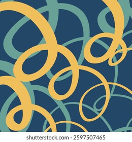 Stylish patterns displaying swirling curves in vibrant yellow and teal tones set against a deep blue background