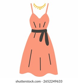 Elegante vestido de verão cor de pêssego com um cinto preto e colar de ouro correspondente. Perfeito para moda, roupas ou conteúdo de estilo feminino.