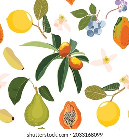 Stylish pear, blue berry, lemon seamless pattern in scandinavian style. Fruit illustration. Natural seamless texture.