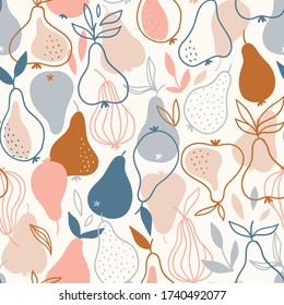 Stylish pear seamless pattern in scandinavian style. Vector fruit illustration. Natural seamless texture.