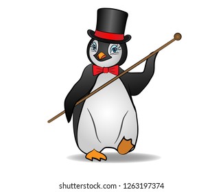 Stylish penguin in top hat and cane dancing; Vector illustration