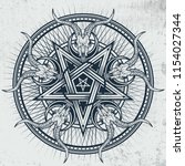 Stylish pentagram with goat skulls and star rays. Vector hand crafted illustration on grunge background. Good for posters, stickers, t-shirt prints, banners. 