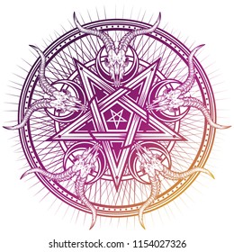 Stylish pentagram with goat skulls and star rays. Vector hand crafted illustration isolated on white. Good for posters, stickers, t-shirt prints, banners.