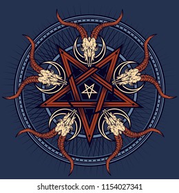 Stylish pentagram with goat skulls and star rays. Vector hand crafted illustration on grunge background. Good for posters, stickers, t-shirt prints, banners. 