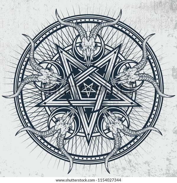 Stylish pentagram with goat\
skulls and star rays. Vector hand crafted illustration on grunge\
background. Good for posters, stickers, t-shirt prints, banners.\
