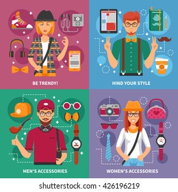 Stylish people concept with avatar of trendy persons and modern or vintage accessories isolated vector illustration