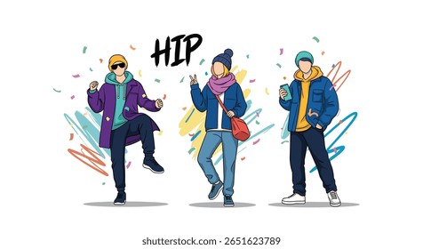 Stylish People Dancing and Celebrating in Trendy Winter Clothing with Confetti Around Them