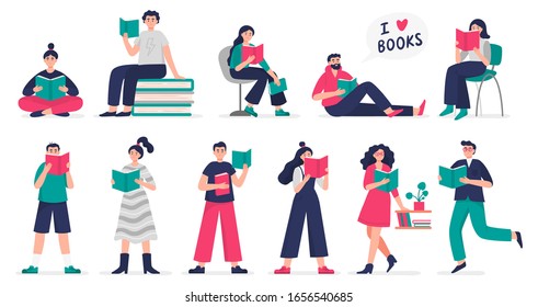 Stylish people love to study and read books. Set of vector Illustration people in modern flat style can be used by libraries, book fairs, stores and schools.