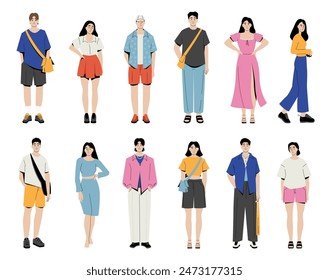 Stylish people in trendy clothes. Fashionable modern man and woman characters in casual outfits, trendy urban characters. Vector set