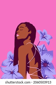 Stylish people vector illustration in retro pop art style. Young black woman in backless dress and floral background . Suitable for fashion or beauty content.