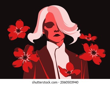 Ilustración vectorial de personas con estilo de arte pop retro. Joven misterioso vestido con traje de pelo blanco y fondo floral. Adecuado para la moda o el contenido de belleza.