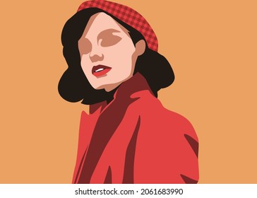 Stylish People Vector Illustration In Retro Pop Art Style. Cool Beautiful Young Woman Wearing Elegant Outfit And Beret Hat. Suitable For Fashion Or Beauty Content.