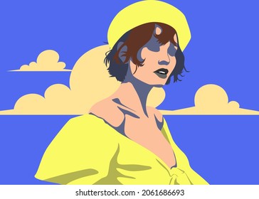 Stylish people vector illustration in retro pop art style. Beautiful young woman wearing elegant yellow outfit and beret hat in cloudy blue sky background. Suitable for fashion or beauty content.
