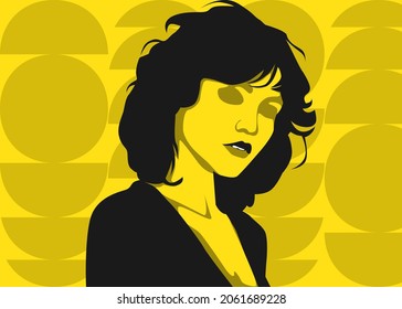 Ilustración vectorial de personas con estilo de arte pop retro. Joven con pelo rizado en fondo geométrico abstracto. Adecuado para la moda o el contenido de belleza.