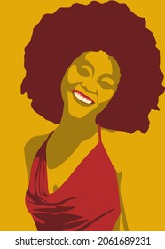 Stylish people vector illustration in retro pop art style. Smiling black lady with afro hair in groovy pose. Suitable for fashion or beauty content.