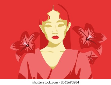 Stylish people vector illustration in retro pop art style. Beautiful young Asian woman with red hair and floral background. Suitable for fashion or beauty content.