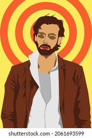 Stylish People Vector Illustration In Retro Pop Art Style. Cool Bearded Man With Jacket And Elegant Outfit. Suitable For Fashion Or Beauty Content.