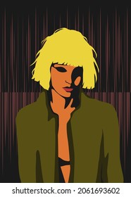 Stylish people vector illustration in retro pop art style. Cool young woman in grunge pose wearing red jacket. Suitable for fashion or beauty content.