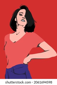 Ilustración vectorial de personas con estilo de arte pop retro. Mujer joven con una pose fresca vestida con un traje rojo casual. Adecuado para la moda o el contenido de belleza.
