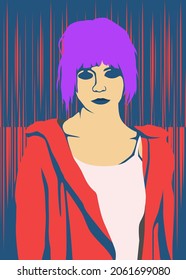 Ilustración vectorial de personas con estilo de arte pop retro. Hermosa joven con chaqueta roja y traje informal con actitud grosera. Adecuado para la moda o el contenido de belleza.