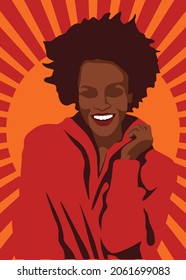 Stylish people vector illustration in retro pop art style. Beautiful smiling black lady with afro hair and cool red jacket. Suitable for fashion or beauty content.