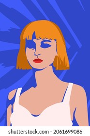 Stylish people vector illustration in retro pop art style. Beautiful young woman with orange short hair and casual outfit. Suitable for fashion or beauty content.