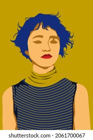 Stylish people vector illustration in retro pop art style. Beautiful young lady with short curly hair and sleeveless outfit . Suitable for fashion or beauty content.