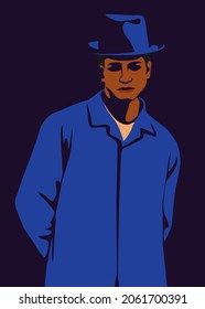 Stylish People Vector Illustration In Retro Pop Art Style. Elegant Black Man Wearing Blue Suit And Bowler Hat. Suitable For Fashion Or Beauty Content.