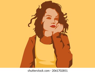Stylish people vector illustration in retro pop art style. Beautiful curly young woman with hand in jaw. Suitable for fashion or beauty content.