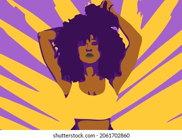 Stylish people vector illustration in retro pop art style. Beautiful afro black lady with tank top sport outfit. Suitable for fashion or beauty content.