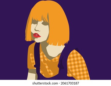 Stylish people vector illustration in retro pop art style. Beautiful young woman with orange hair and cute vest outfit. Suitable for fashion or beauty content.